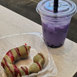 Strawberry matcha mochinut, ube boba milk tea