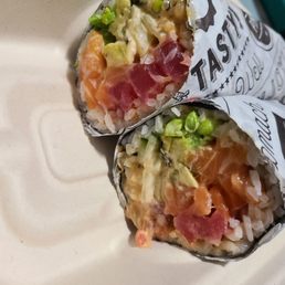 Salmon, ahi tuna, avocado, cucumber, edamame, garlic vinegar & siracha aioli. Salmon, ahi tuna, avocado, cucumber, edamame, garlic vinegar & siracha aioli.