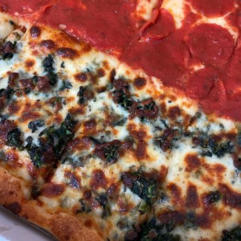 Philomena Santucci's Square Pizza - Half pepperoni half spinach white pizza. - Pizza Near Me - Philadelphia, Pennsylvania
