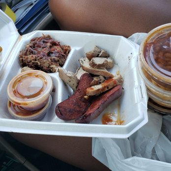 It's In The Sauce BBQ - Cornbread, brisket,chicken and hot link. The sides are baked beans and macaroni. - Barbeque Near Me - Oxnard, California It's In The Sauce BBQ - Cornbread, brisket,chicken and hot link. The sides are baked beans and macaroni. - Barbeque Near Me - Oxnard, California