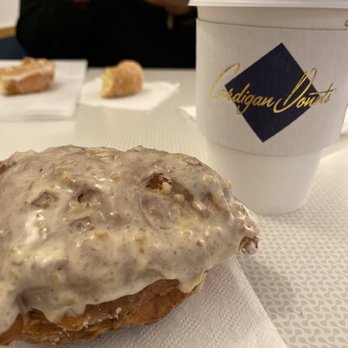 Cardigan Donuts - Bourbon Apple Fritter and coffee. Old Fashioned in the back - Donuts Near Me - Minneapolis, Minnesota Cardigan Donuts - Bourbon Apple Fritter and coffee. Old Fashioned in the back - Donuts Near Me - Minneapolis, Minnesota