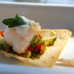 Rio Brazos Cuisine - Wonton crisp with poached lobster, Oriental salsa and lemongrass creme fraiche