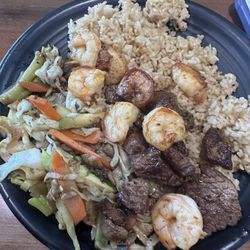 Shima Sushi Bar & Grill - Steak and shrimp with fried rice and vegetables