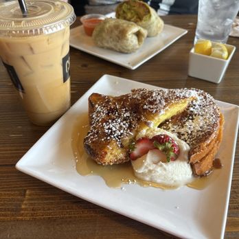 CRAFTkitchen - photo of iced coffee with crem brulee french toast and a burrito in the background - New American Near Me - Henderson, Nevada CRAFTkitchen - photo of iced coffee with crem brulee french toast and a burrito in the background - New American Near Me - Henderson, Nevada