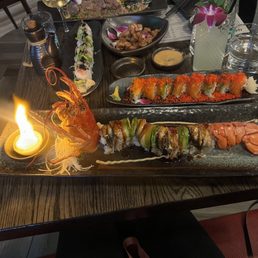 Flying Dragon, red mango crunch, honeydew high-ball spicy taste, mock tail, chicken karaage, and wagyu fried rice