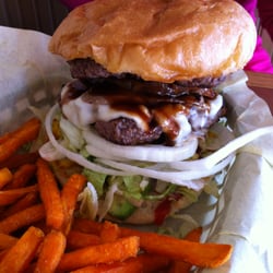 Rockin' BZ Burgers - 1/2 pound burger with pineapple, avocado, american cheese, and onions; with sweet potato fries! Loved the teriyaki sauce!