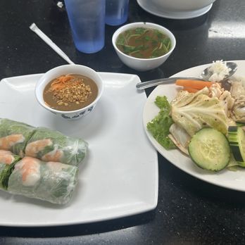 Pho 45 - 2 pc Spring rolls  Dark meat chicken, rice , pickles, vegetables, ginger sauce, soup = this one I have to say fantastic dish - Vietnamese Near Me - Garden Grove, California
