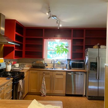 That 1 Painter - Repainted the red open cabinets, nothing else. Very happy with the result. - Painters Near Me - Austin, Texas That 1 Painter - Repainted the red open cabinets, nothing else. Very happy with the result. - Painters Near Me - Austin, Texas