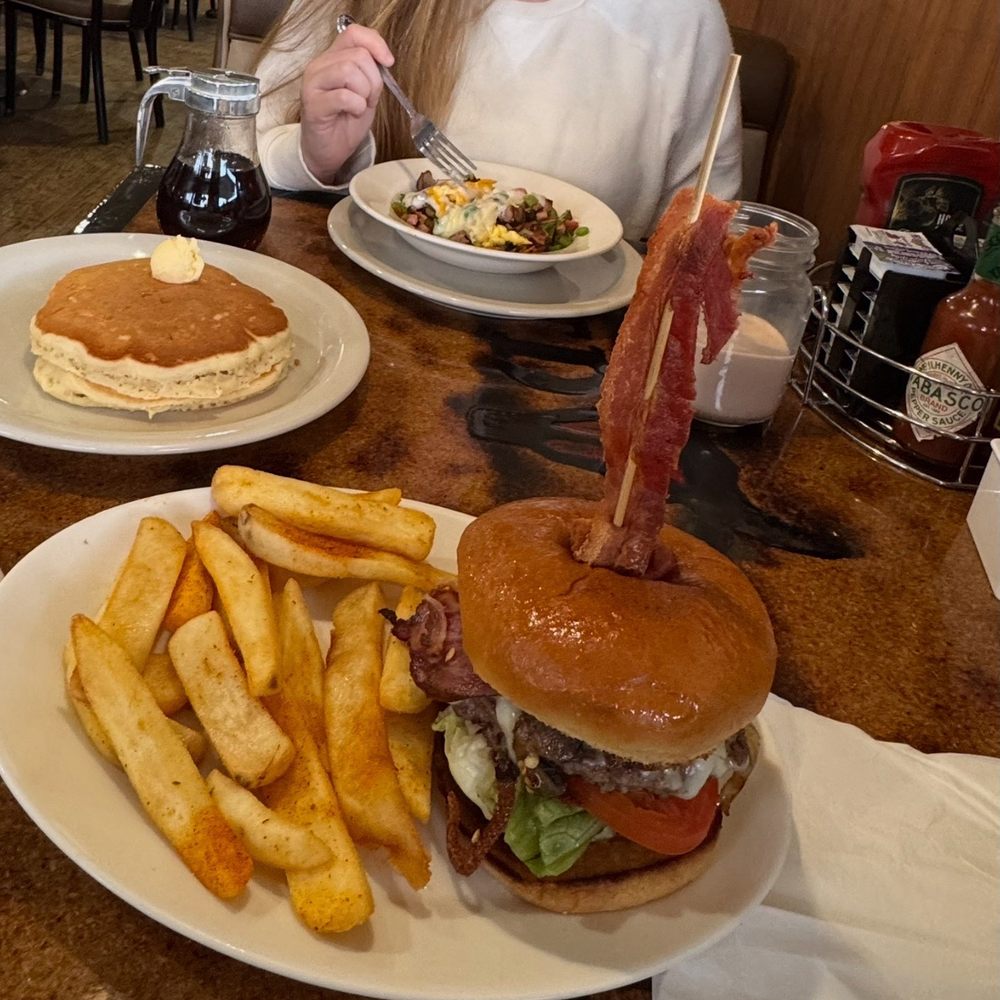 TNT burger, pancakes, meat lovers bowl TNT burger, pancakes, meat lovers bowl