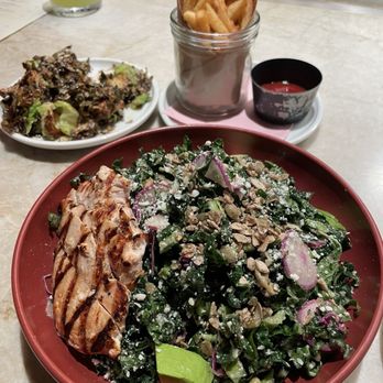 The Surfing Fox - Brussels sprouts, Kale Salad w Chicken, Fox Fries (v, gf) - New American Near Me - Santa Monica, California