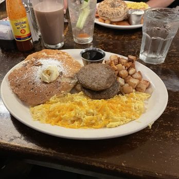 417 Union - Pancake Platter, Chocolate Milk, Bloody Mary, Water and Louisiana Hot Sauce - Breakfast & Brunch Near Me - Nashville, Tennessee