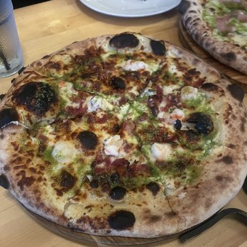 d’Alba - shrimp pizza, applewood smoked bacon, porcini mushroom, five-cheese blend, rosemary, thyme, herb evoo* - New American Near Me - Houston, Texas d’Alba - shrimp pizza, applewood smoked bacon, porcini mushroom, five-cheese blend, rosemary, thyme, herb evoo* - New American Near Me - Houston, Texas