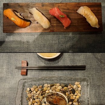 Sushi Shio - Nigiri left to right - king salmon, halibut, tuna, red snapper (top), soy-marinated abalone (bottom) - Sushi Bars Near Me - San Francisco, California Sushi Shio - Nigiri left to right - king salmon, halibut, tuna, red snapper (top), soy-marinated abalone (bottom) - Sushi Bars Near Me - San Francisco, California