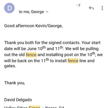 Valley Cities Fence - Email stating the agreed upon dates. - Fences & Gates Near Me - Norco, California Valley Cities Fence - Email stating the agreed upon dates. - Fences & Gates Near Me - Norco, California