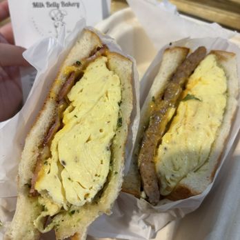 Milk Belly Bakery - breakfast egg sando (left), Longanisa egg sando (right) - Bakeries Near Me - San Jose, California Milk Belly Bakery - breakfast egg sando (left), Longanisa egg sando (right) - Bakeries Near Me - San Jose, California