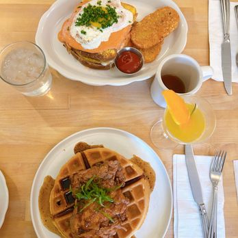Bunny's Buckets & Bubbles - Top: croque madame. Bottom: chicken & waffles - Chicken Shop Near Me - Baltimore, Maryland
