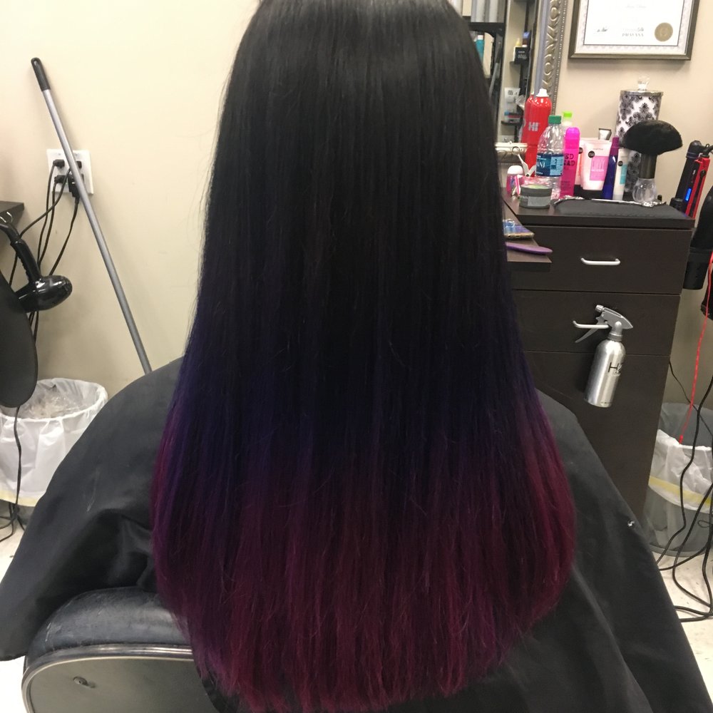 No. 7 Salon & Spa - Purple ("orchid") to pink ("cupid") ombre on dark hair - Hair Salons Near Me - Urbana, Illinois No. 7 Salon & Spa - Purple ("orchid") to pink ("cupid") ombre on dark hair - Hair Salons Near Me - Urbana, Illinois