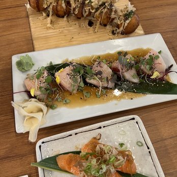 Hi 5 Sushi - Takoyaki (top), Yellowtail Tradito (middle), Sapporo Salmon Sushi (bottom) - Japanese Near Me - Chandler, Arizona Hi 5 Sushi - Takoyaki (top), Yellowtail Tradito (middle), Sapporo Salmon Sushi (bottom) - Japanese Near Me - Chandler, Arizona