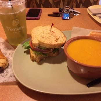 Panera Bread - Left to right: chocolate pastry, iced green tea, Mediterranean veggie sandwich, autumn squash soup - Sandwiches Near Me - Voorhees Township, New Jersey