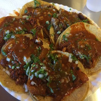 Tacos Sinaloa - Tripitas, pastor, and chorizo tacos. These babies are loaded! - Mexican Near Me - Berkeley, California