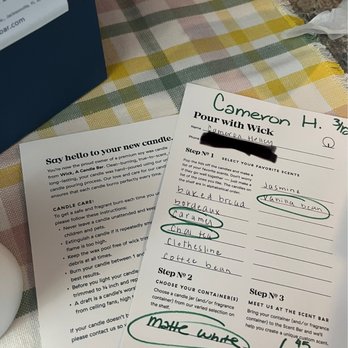 Wick A Candle Bar - The care instruction sheet and form you fill out throughout the process - Candle Stores Near Me - Jacksonville, Florida