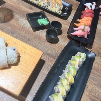 Aloha Sushi - Folsom lover up top, nigiri, number 2 roll bottom right and spicy California roll barley in the pic but bomb - Sushi Bars Near Me - Folsom, California