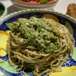 Ollies Pesto with whole grain spaghetti. Harry's Strawberries with Galliano liqueur. Ollies Pesto with whole grain spaghetti. Harry's Strawberries with Galliano liqueur.
