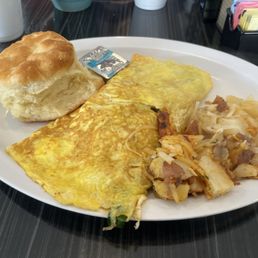 Fresh Veggie & Cheese omelette, biscuit, and potatoes