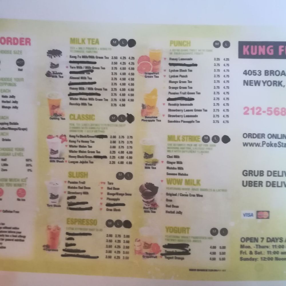 Kung Fu Tea - Bubble tea menu, some items are not available - Coffee & Tea Near Me - New York, New York