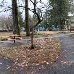 Picnic tables amongst the walking paths.