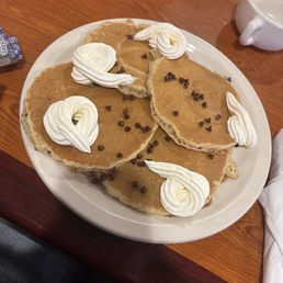 Chocolate chip pancakes on breakfast menu. (Only breakfast menu item [pancakes] served all day)