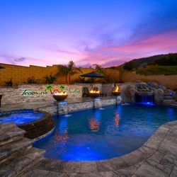 California Pools - Corona - Custom Fire Bowls and Lighted Waterfalls and Rockslide