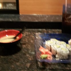 Miso soup, salad with ginger dressing, California roll, and ebi