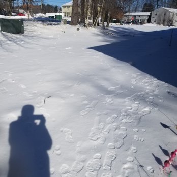 Ulster Property Services - the shadow of a person on skis - The image shows a snow-covered yard or open space with numerous footprints scattered across the snow. Shadows of trees, a person, and nearby objects are cast on the snow due to bright sunlight. In the background, residential houses and trees are visible, along with some parked cars and utility boxes. The scene appears to be in a suburban neighborhood during winter. - Landscaping Near Me - Bedford, New Hampshire