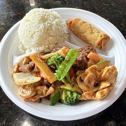 Triple Delight Lunch with White Rice and Egg Roll (Soup Included but Shown Separately)