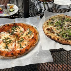 Green Scene - Margherita and Wild Rice with mushrooms & sausage pizzas.