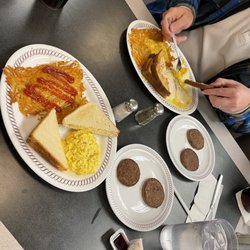1) Two eggs breakfast w/ cheesy eggs & sausage 2) All Star (waffle came when he was half way done so it was fresh!)