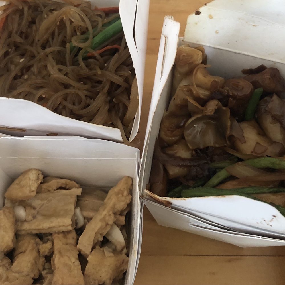 Happy Bakery - Glass Noodles (Top Left), Soy Sauce Rice Rolls (Right)  and Vegetarian Sauté (Bean Curd And Gluten, Lower Left), all very tasty. - Dim Sum Near Me - San Francisco, California