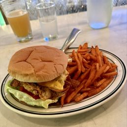 Chicken fried steak sandwich with sweet potato fries Chicken fried steak sandwich with sweet potato fries