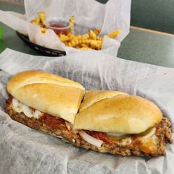 Saucy Sisters - Pizza hoagie and fries