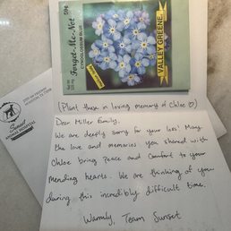 Sympathy card with Forget-Me-Not seeds to plant in memory of Chloe. Sympathy card with Forget-Me-Not seeds to plant in memory of Chloe.