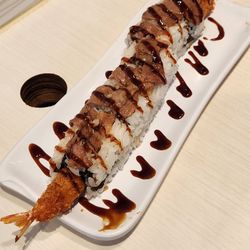 Genki Sushi - Surf and Turf roll (wagyu on top, shrimp tempura inside)