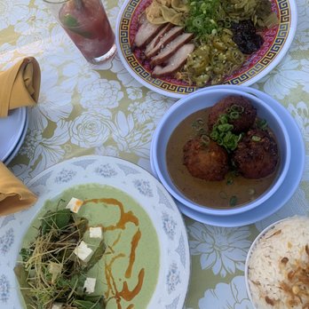 Oma's Hideaway - Chilled asparagus curry, Oma's Corn Fritters, coconut rice, wonton mee noodles - Asian Fusion Near Me - Portland, Oregon Oma's Hideaway - Chilled asparagus curry, Oma's Corn Fritters, coconut rice, wonton mee noodles - Asian Fusion Near Me - Portland, Oregon