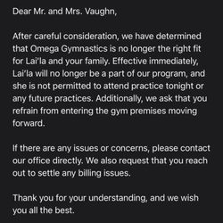 Omega Gymnastics - Email I received because I decided to ask question about levels for an understanding