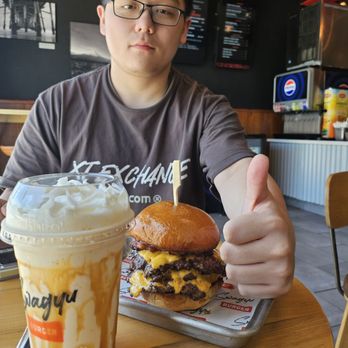 Swagyu Burger - OG with one extra Japanese patty plus thick cut pork belly and salted caramel shake - Burgers Near Me - Newport Beach, California