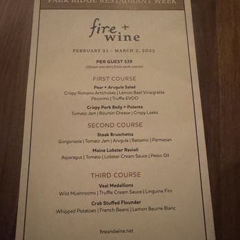 Fire + Wine - Park Ridge - Set meal menu - Italian Near Me - Park Ridge, Illinois