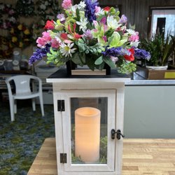 Halsey's Country Flowers - Lantern with silk flowers for a keepsake.