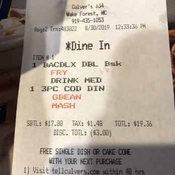Culver's - Receipt. - Burgers Near Me - Wake Forest, North Carolina