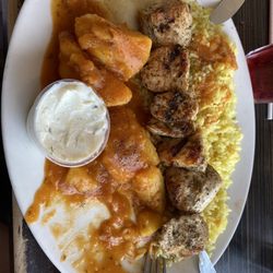 John's Family Restaurant - Chicken Souvlaki Dinner.