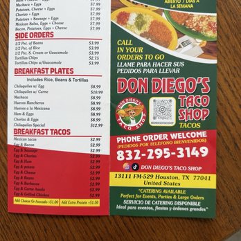 Don Diego's Taco Shop - Menu - Fast Food Near Me - Houston, Texas